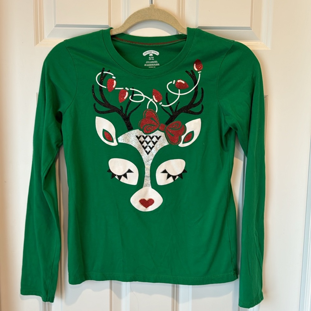 Holiday Time -‎ Long Sleeve T Shirt - Size XL 14/16 - Sparkly Reindeer Christmas